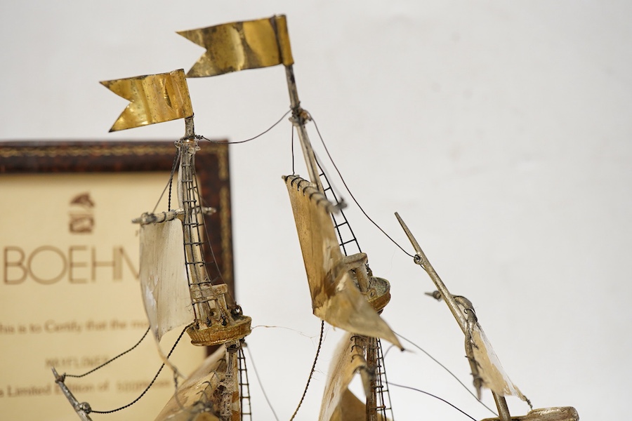 A modern miniature silver limited edition model of the Mayflower sailing ship, by Boehm of Malvern England, Birmingham, 1987, on a marble and wooden plinth base, no. 354/500, ship dimensions length 13cm, height 13.5cm, w